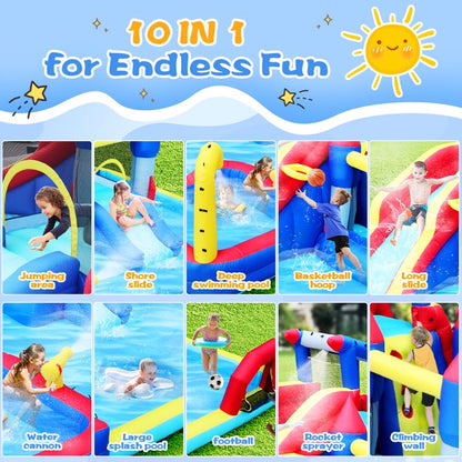 BATE 10 In 1 Kids Inflatable Slide Water Park Trampoline Bouncing House, Outdoor Bounce House with Blower, Splash Pool, Climbing Wall , Water Toys for 3-10 Years Old
