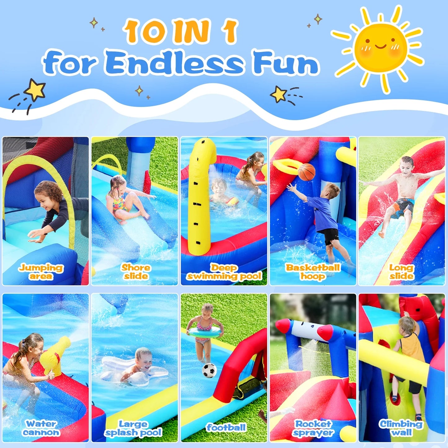 HONGLONG 10 In 1 Kids Inflatable Slide Water Park Trampoline Bouncing House, Outdoor Bounce House with Blower, Splash Pool, Climbing Wall , Water Toys for 3-10 Years Old