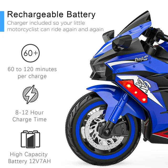 YOMYM 12V Kids Motorcycle Riding Toy with LED and Music Kids motorcycle 3 Wheels for Children Boys & Girls