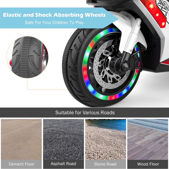 Techvida Ride on Toys 12v Battery Powered Ride on Motorcycle for Kids 3 Wheels Motorcycle with LED Lights Music Child