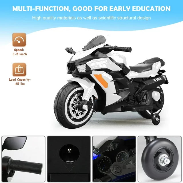 Spoway 12V Kids Ride on Motorcycle,Kids Electric Battery Powered Motorcycle 3-6 Years, Children Motorbike with Light Wheel and PU Seat-White