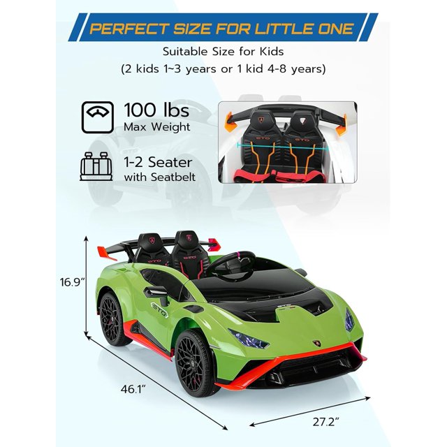 HNH Kids Ride On Car,24V Battery Powered Sports Car Toy, 2 Wider Seater Electric car with Parent Remote, 360° Spin, Sound System, LED Light,Licensed Lamborghini Electric Car for Kids Ages 3-8