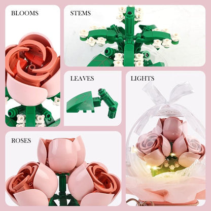 YOMYM Flower Building Kit -Building Set DIY Rose Bouquet Building Block Toy with Dust-Proof Dome