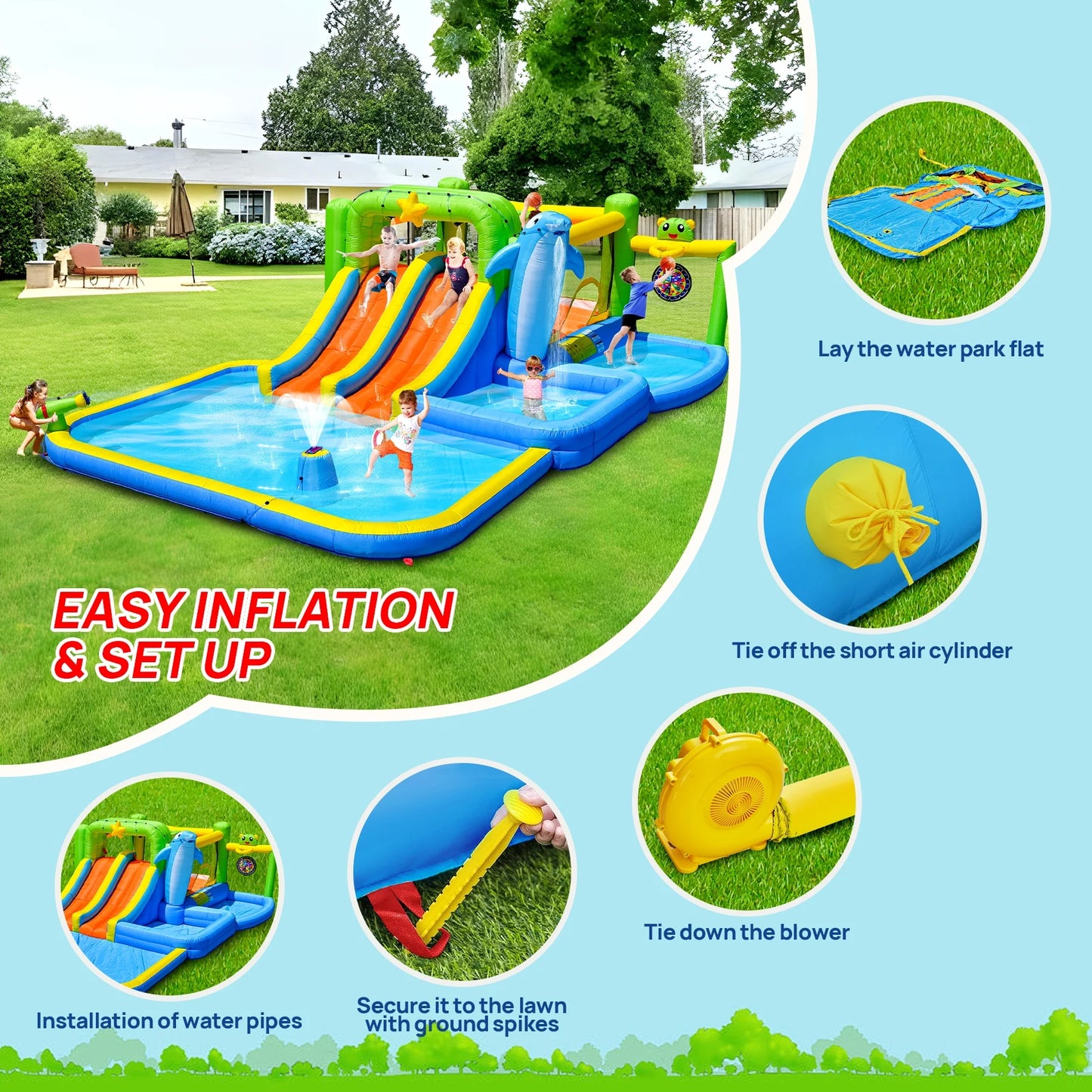 HNH Inflatable Water Park Double Slide Bouncy House with Splash Pool, Water Gun, Basketball, Climbing Wall, Dual Pools for Outdoor Party, Ages 3-12