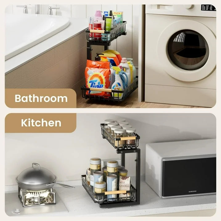 WERSEON Under Sink Organizer Rack, 2 Tier Pull Out Cabinet Shelves, Slide Out Sink Shelf for Kitchen Bathroom Storage