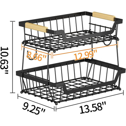 WERSEON 2 Tier Fruit Basket with Hooks for Kitchen Countertop, Detachable Metal Fruit Vegetable Storage Basket Stand Holder with Wooden Handle