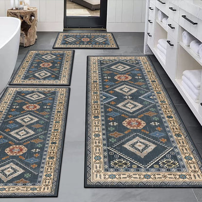 FoxHouse Kitchen Rugs 4 Piece Set,Washable Non Slips Boho Kitchen Floor Mat,Thickness Comfort Standing Mat for Kitchen,Dark Blue