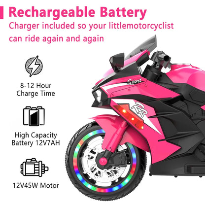 HNH 12V Ride on Toys for Girls, Electric Motorcycle Toys with Training Wheels, Powered Motorcycle with Music, Bluetooth, Lights