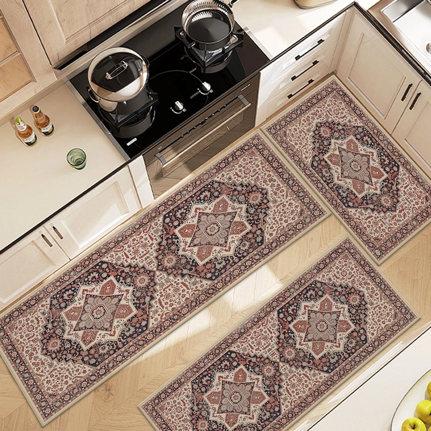 TECHVIDA Kitchen Rugs 3 Piece Set,Non Slip Machine Washable Kitchen Mats,Boho Vintage Abstract Kitchen Carpet for Farmhouse Living Room Hallway