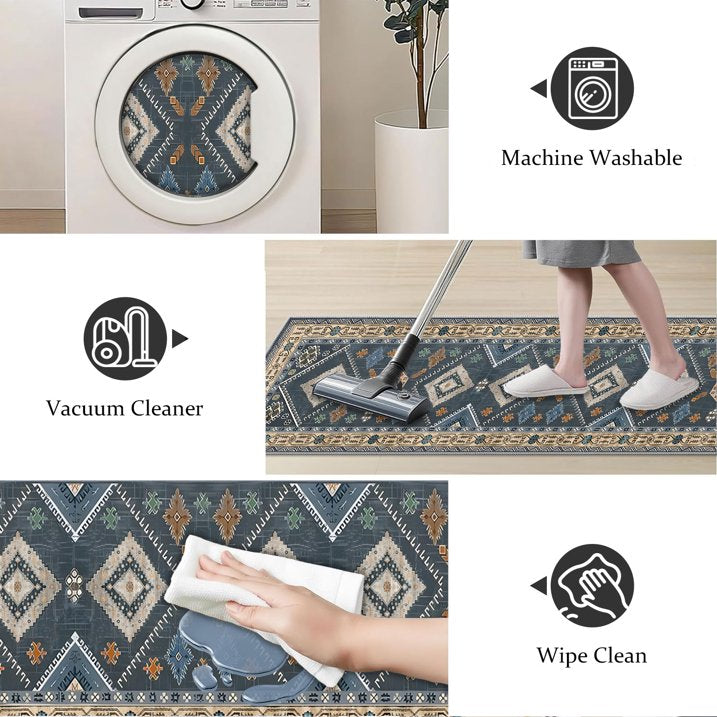 TECHVIDA 2'x8' Hallway Runner Rug Boho,Non Slip Machine Washable Rugs for Hallway Kitchen,Dark Blue