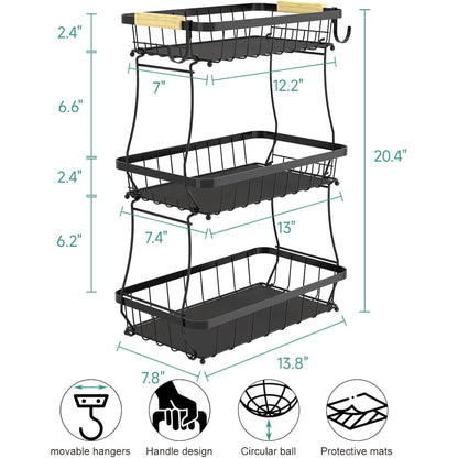 TECHVIDA 3 Tier Fruit Basket for Kitchen with 2 Banana Hangers, Detachable Metal Fruit Bowl for Kitchen Counter for Fruit and Vegetable Storage, Banana Holder for Bread Snack Organizer