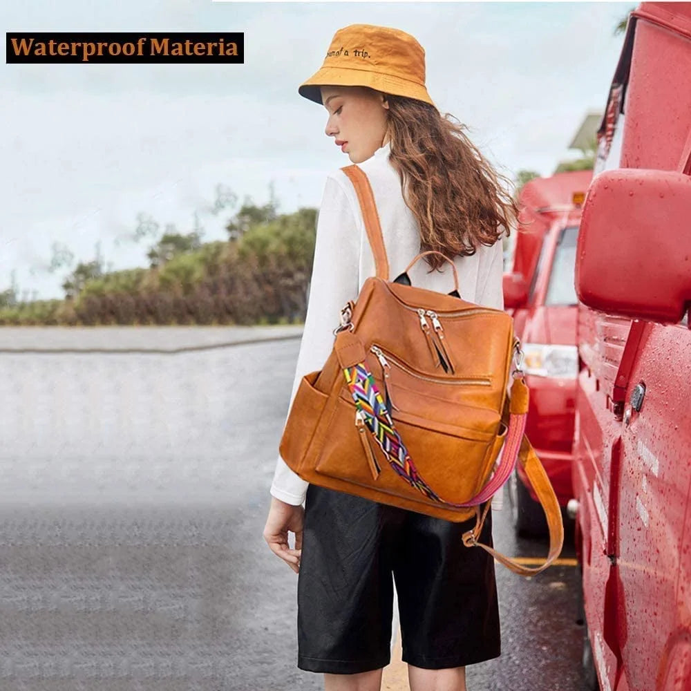 YOMYM Backpack Purse for Women Fashion Waterproof PU Leather School Backpack Convertible Shoulder Bags Brown