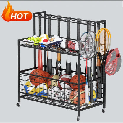 WERSEON Garage Sports Equipment Organizer, Basketball Storage Rack, Sports Organizer Cart with Basket and Hooks