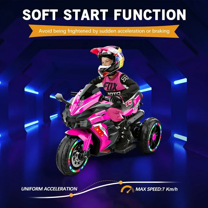 YOMYM 12V Ride on Motorcycle for Kids, Battery Powered 3 Wheels Motorcycle Toy with Bluetooth, Music, Light-pink