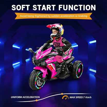 YOMYM 12V Ride on Motorcycle for Kids, Battery Powered 3 Wheels Motorcycle Toy with Bluetooth, Music, Light-pink