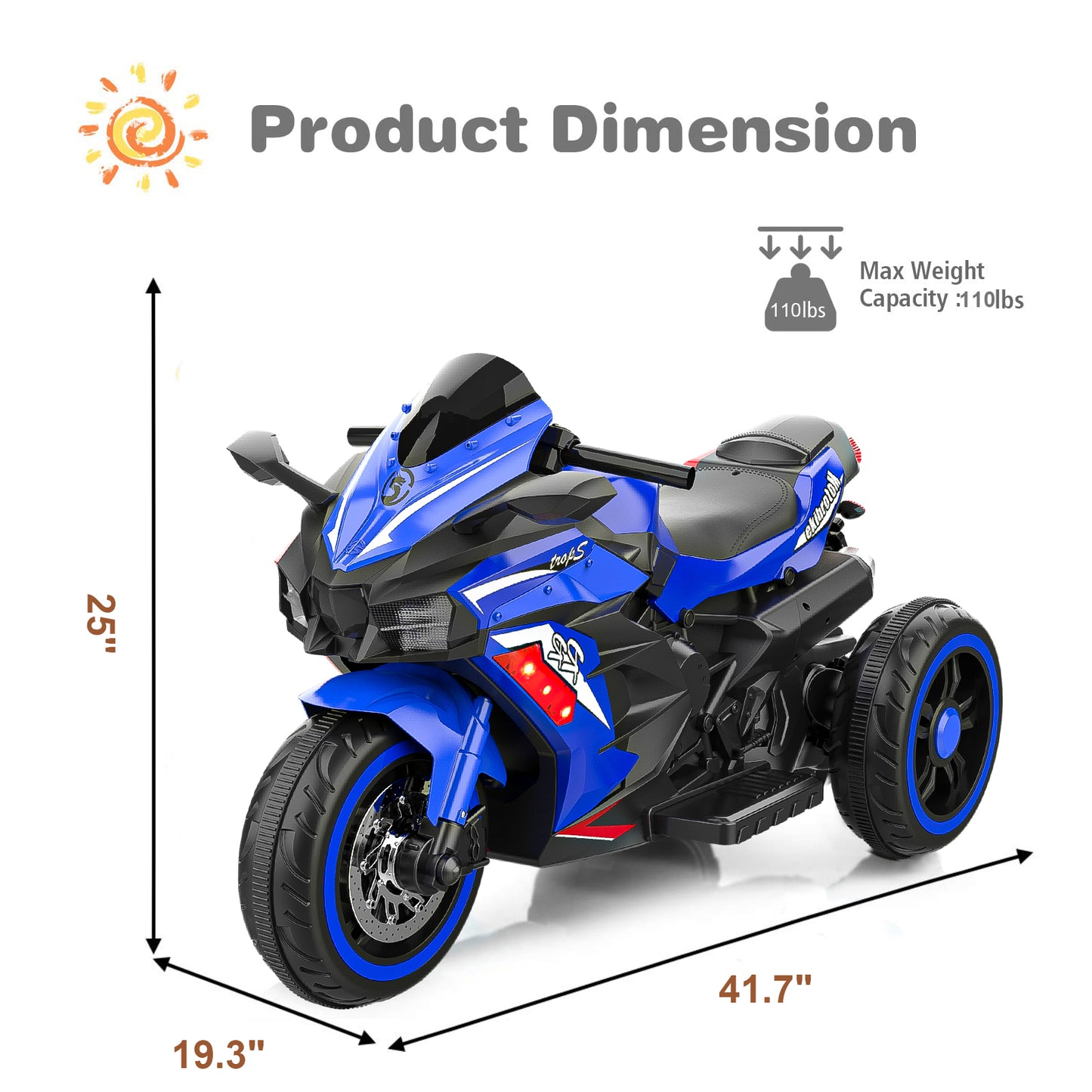 Kids Motorcycle,12V Battery Powered Electric Vehicle with 3 Wheels, LED Lights, Foot Pedal, Blue