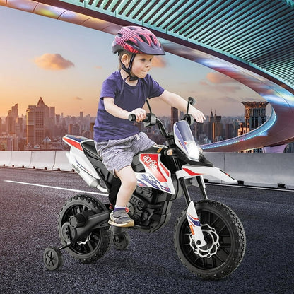 Techvida Kids Motorcycle,12V Aprilia Licensed Battery Powered Electric Vehicle Dirt Bike w/Training Wheels,Headlight & Music,Spring Suspension,Ride on Motorcycle,Gift for Boys Girls,White