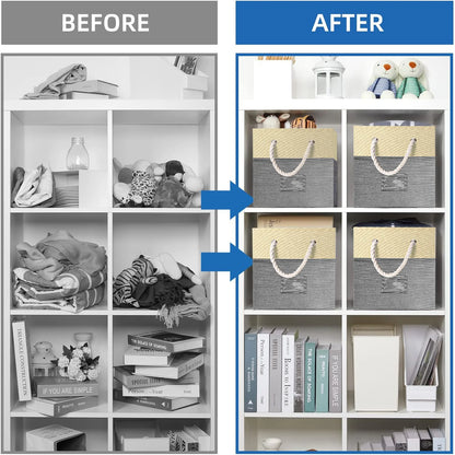 Werseon Foldable Storage Bins, 4 Piece Set Closet Drawers Organizer with Cotton Handles, Cloth Cube Basket for Organizing Shelf Cabinet Bookcase Boxes, Gray