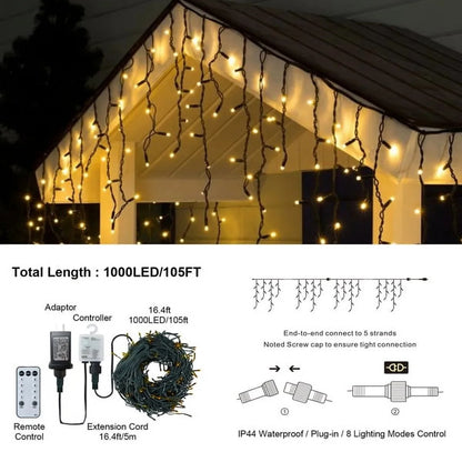 Cheelom Fairy String Party Decoration Lights Christmas Icicle Lights Outdoor Indoor 105ft 1000 Led 8 Modes with 50 Drops Plug In Waterproof Timer Memory Function Clearance Sales