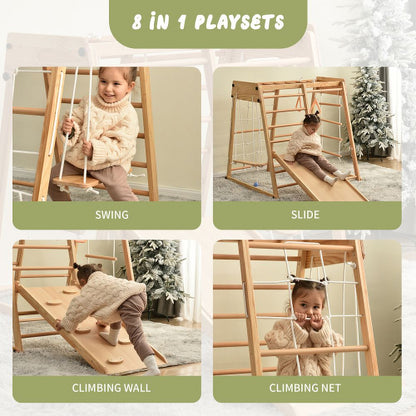Cheelom 8-in-1 Wooden Indoor Kids Playground Jungle Gym with Slide Toddlers Wooden Climber with Slide Playset Wooden Rock Climbing Wall with Rope Wall Climb Monkey Bars and Swing for Kids