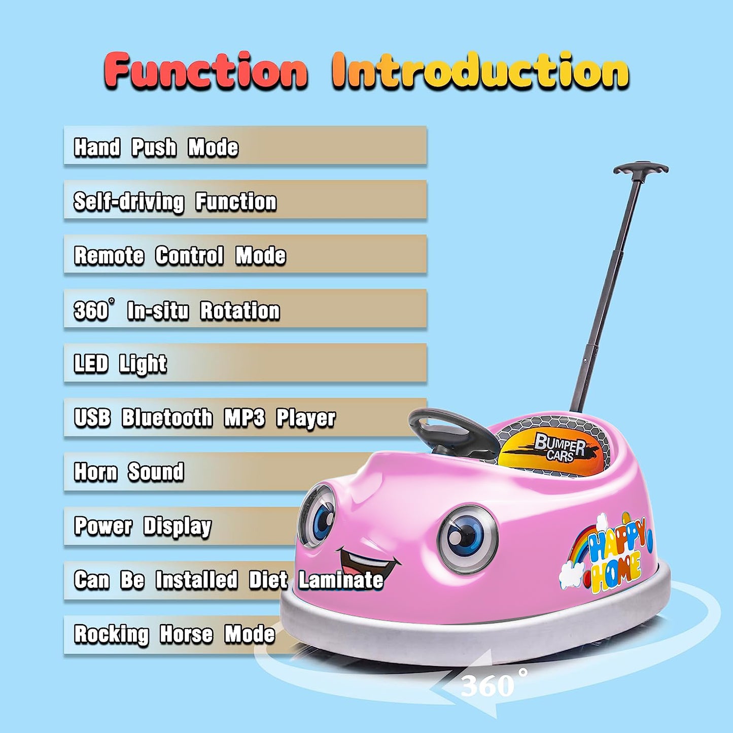 WUBEN 12V Battery Powered Bumper Car for Kids with Remote Control Ride on Push Car for Child with Dinner Plate, Rocking Horse Mode