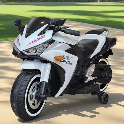 ZOGYMOZ Kids Motorcycle,12V Kids Electric Motorcycle with Training Wheels,Ride On Motorbike, Speed by Hand, Music Function, Max Load 88LB (White)