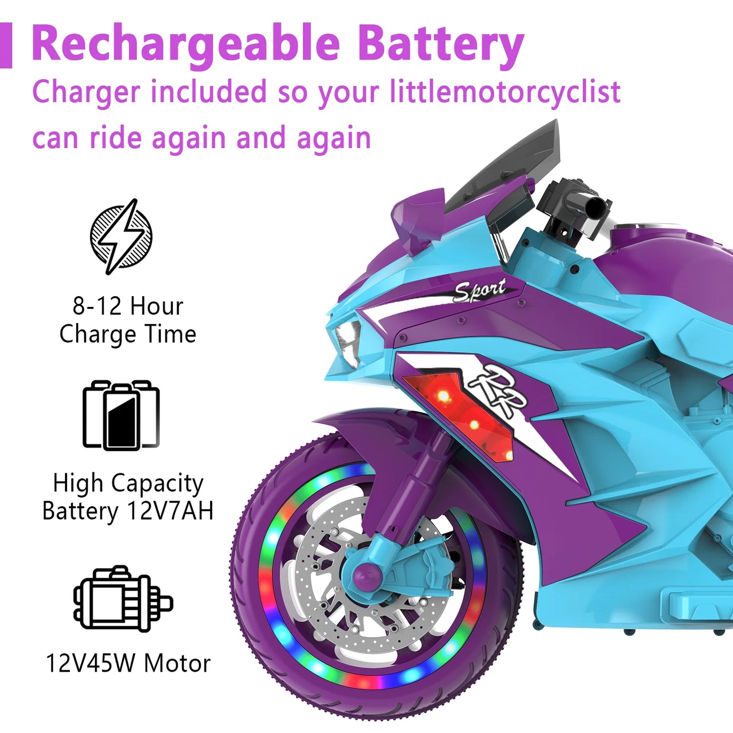 HNH 12V Ride on Motorcycle for Kids, Electric Motorcycle with Music, Bluetooth, Lights, Training Wheels