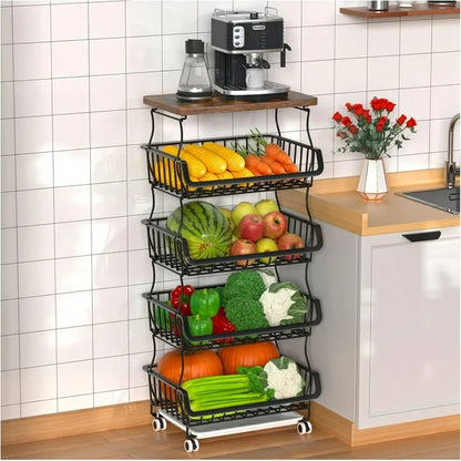 WERSEON 5 Tier Fruit Basket for Kitchen Organizers and Storage, Stackable Metal Wire Basket Stand Cart for Fruit Vegetable