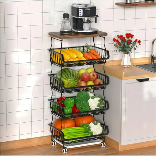 WERSEON 5 Tier Fruit Basket for Kitchen Organizers and Storage, Stackable Metal Wire Basket Stand Cart for Fruit Vegetable