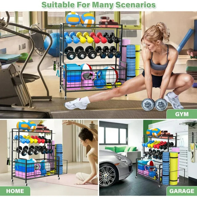 Techvida Dumbbell Rack, Balls Workout Equipment Storage Organizer Yoga Mat with Hooks and Wheels