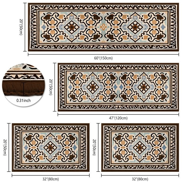 TECHVIDA Kitchen Rugs 4 Piece Set,Non Slip Machine Washable Kitchen Mats,Boho Vintage Abstract Kitchen Carpet for Farmhouse Living Room Hallway