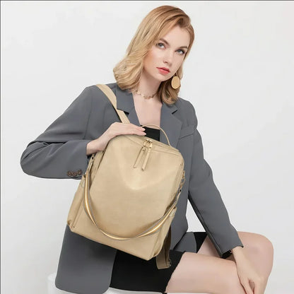 HONGLONG PU Leather Backpack for Women Fashion Multipurpose Design Convertible Backpack Purse Large Shoulder Bag Travel Bag Beige