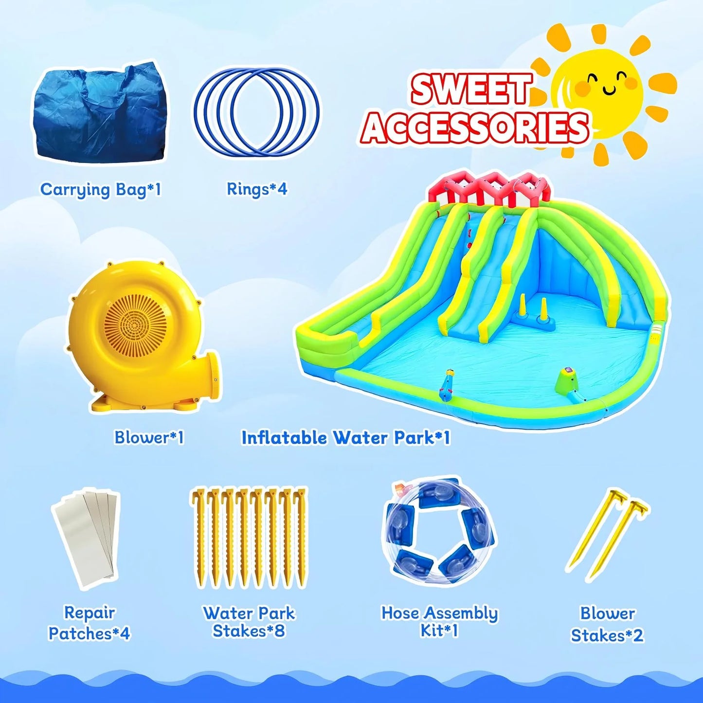 HNH Inflatable Water Three Slides Park, 7 in 1 Bounce House with Water Gun Sprinkler Fountain Climbing Wall, Jumping Castle with Air Blower