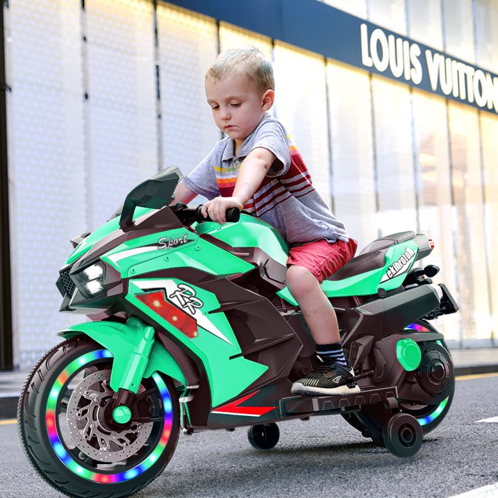 Cheelom 12V Kids Ride on Motorcycle, 2 Wheels Motorbike for Kids with Training, Lights,Music Green