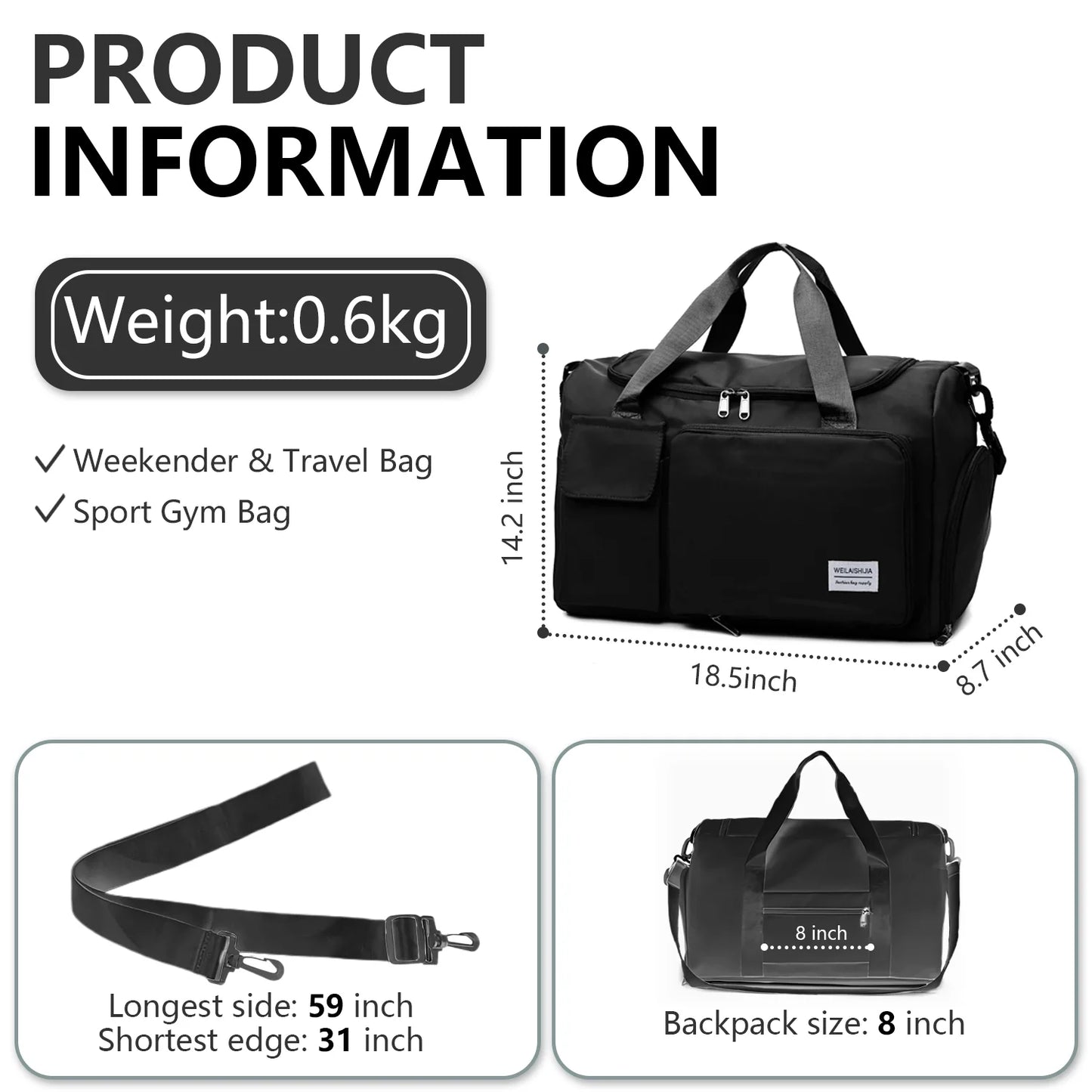YOMYM Travel Duffel Tote Bag with Dry Wet Separation Pocket, Weekender Bag for Women and Men，Waterproof Bag with Shoe Compartment
