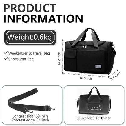 YOMYM Travel Duffel Tote Bag with Dry Wet Separation Pocket, Weekender Bag for Women and Men，Waterproof Bag with Shoe Compartment