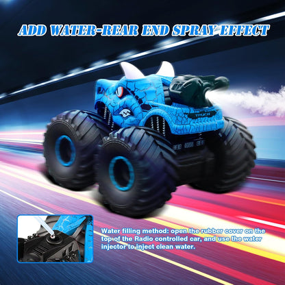 Dinosaur Remote Control Car, 2.4GHz RC Monster Trucks for Boys with Spray, Light & Sound, All Terrain RC Cars with 2 Batteries, Hobby RC Trucks for Kids 3 4 5 6 7 8, Christmas Birthday Gift
