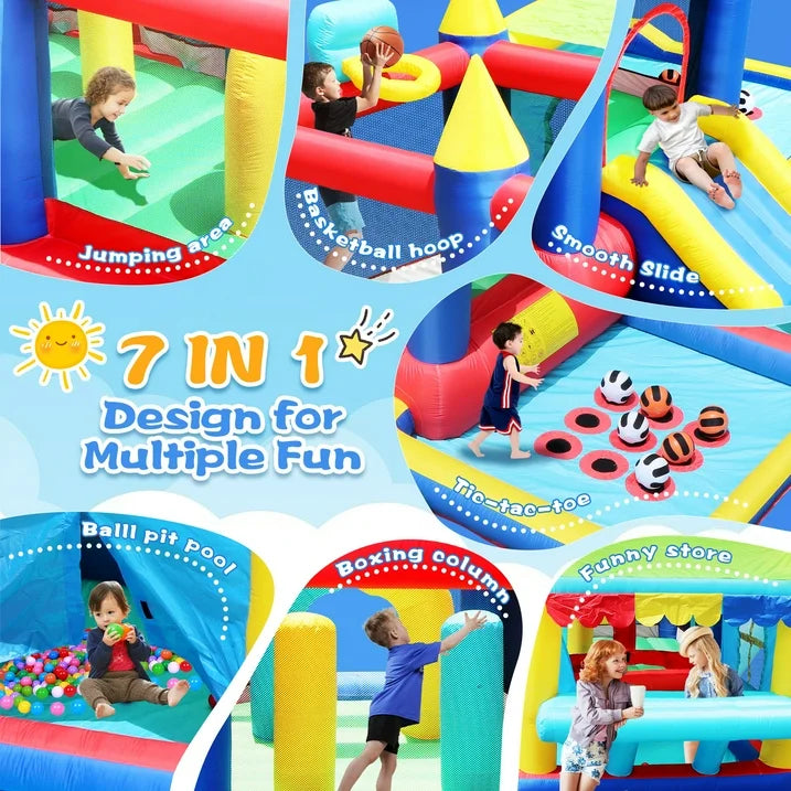 Cheelom 7 in 1 Inflatable Bounce House, Bouncy House with Ball Pit for Kids Indoor Outdoor Party Family Fun, Obstacles, Toddler Jump Bouncy Castle with Ball Pit for Birthday Party Gifts