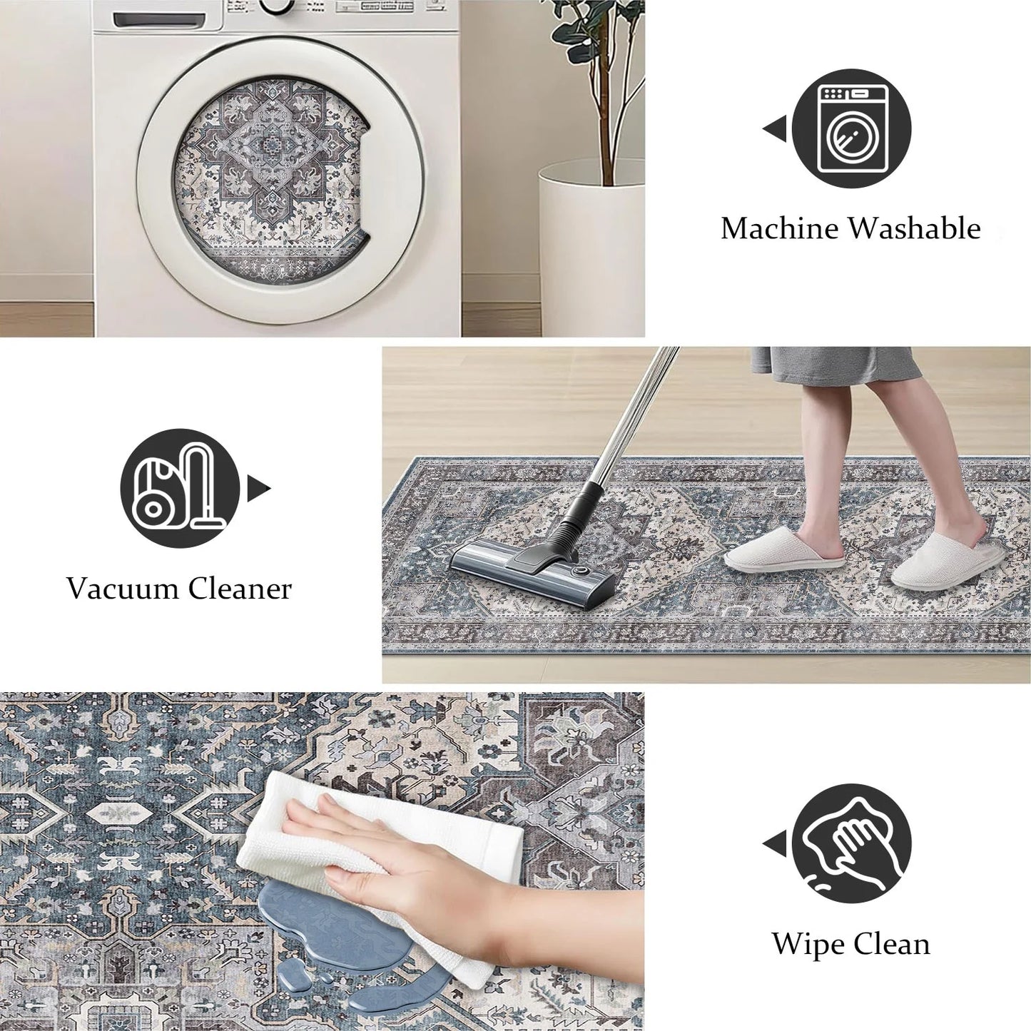 TECHVIDA Kitchen Rugs 3 Piece Set,Non Slip Machine Washable Kitchen Mats,Boho Vintage Abstract Kitchen Carpet for Farmhouse Living Room Hallway