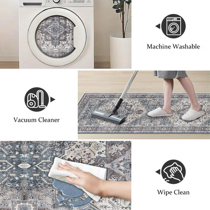 TECHVIDA Kitchen Rugs 3 Piece Set,Non Slip Machine Washable Kitchen Mats,Boho Vintage Abstract Kitchen Carpet for Farmhouse Living Room Hallway