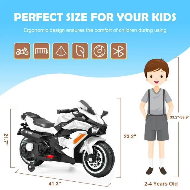Spoway 12V Kids Ride on Motorcycle,Kids Electric Battery Powered Motorcycle 3-6 Years, Children Motorbike with Light Wheel and PU Seat-White