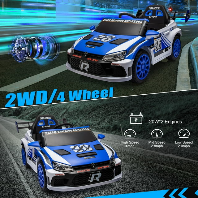 2024 New Kids Ride On Car,12V Battery Powered Racing Car for Kid,Electric Car Gifts for Girls Boys 3-8,Music,LED,Remote Control,Bluetooth(Blue)