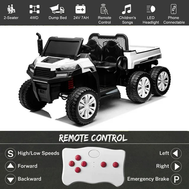 HNH 24V 6 Wheels Ride on Dump Truck with Dump Bed, 2 Seater Kids Ride on Truck Car with Remote Control, Electric car for kids