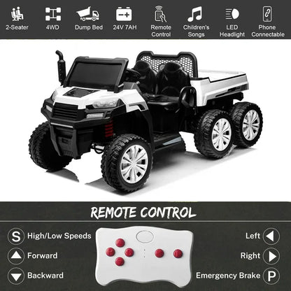 HNH 24V 6 Wheels Ride on Dump Truck with Dump Bed, 2 Seater Kids Ride on Truck Car with Remote Control, Electric car for kids
