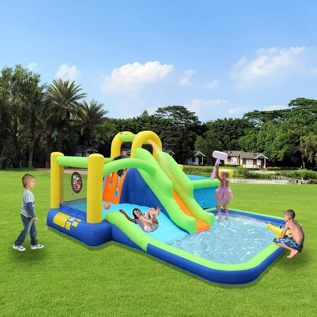 7 in1 Inflatable slide water park bouncing house outdoor garden bouncer with Whack a mole games & Splash pool & Target games & Water gun & Climbing wall & Basketball