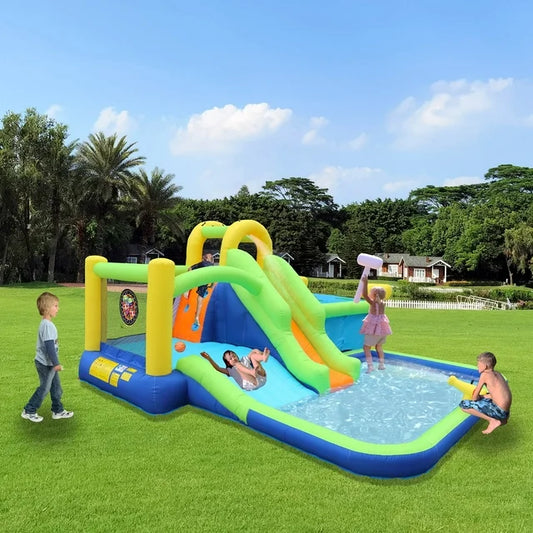 7 in1 Inflatable slide water park bouncing house outdoor garden bouncer with Whack a mole games & Splash pool & Target games & Water gun & Climbing wall & Basketball