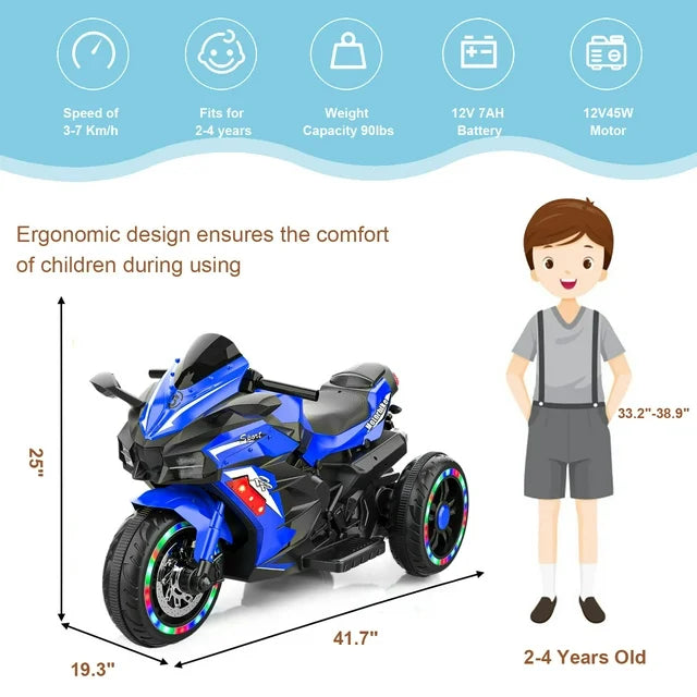 Cheelom Kids Motorcycle,12V Battery Powered Electric Vehicle with 3 Wheels, LED Lights, Foot Pedal, Blue