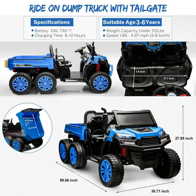 HNH 24V 2 Seater Kids Ride on Truck Car with Remote Control, Ride on Dump Truck with Dump Bed, Ride on Construction Vehicle with Music Player