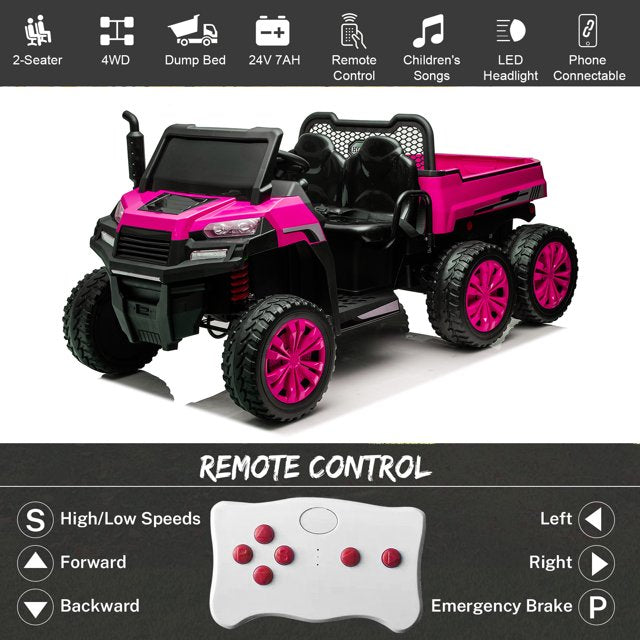 HNH 24V Seater Ride on Truck with Remote Control, Kids Ride on Tractor with 6 Wheels, Battery Powered Kids Car with Dump Bed, LED Headlight, Bluetooth