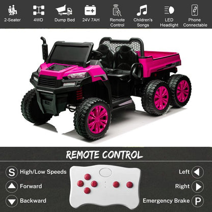 HNH 24V Seater Ride on Truck with Remote Control, Kids Ride on Tractor with 6 Wheels, Battery Powered Kids Car with Dump Bed, LED Headlight, Bluetooth